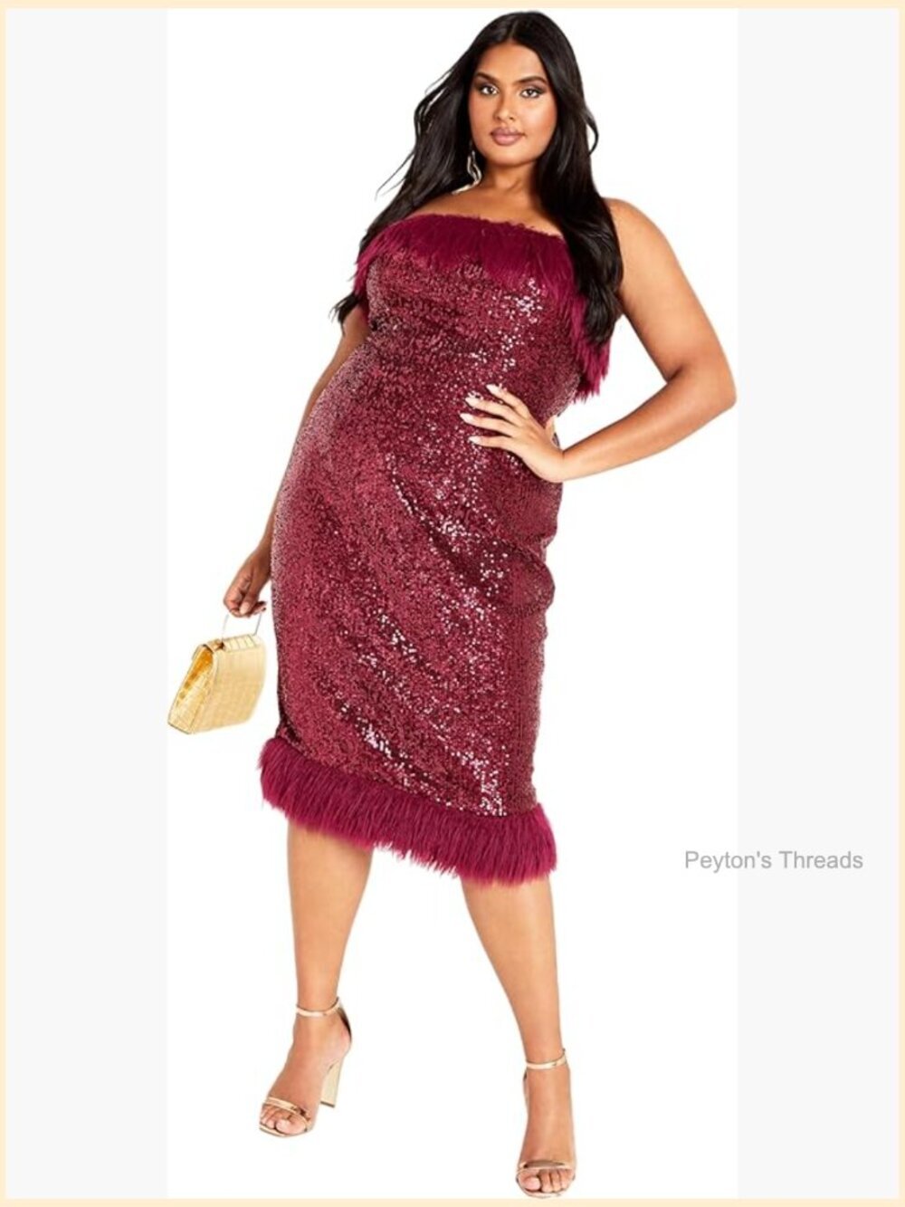 Plus Size Sequin Midi Dress with Faux Feather Trim